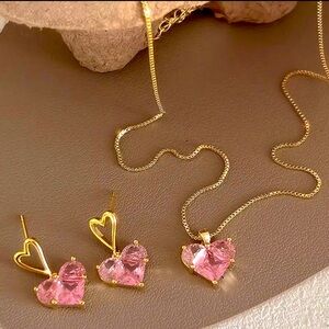 Pink Heart  Necklace and Earrings Set Gold Tone Cubic Zirconia Bridesmaid
